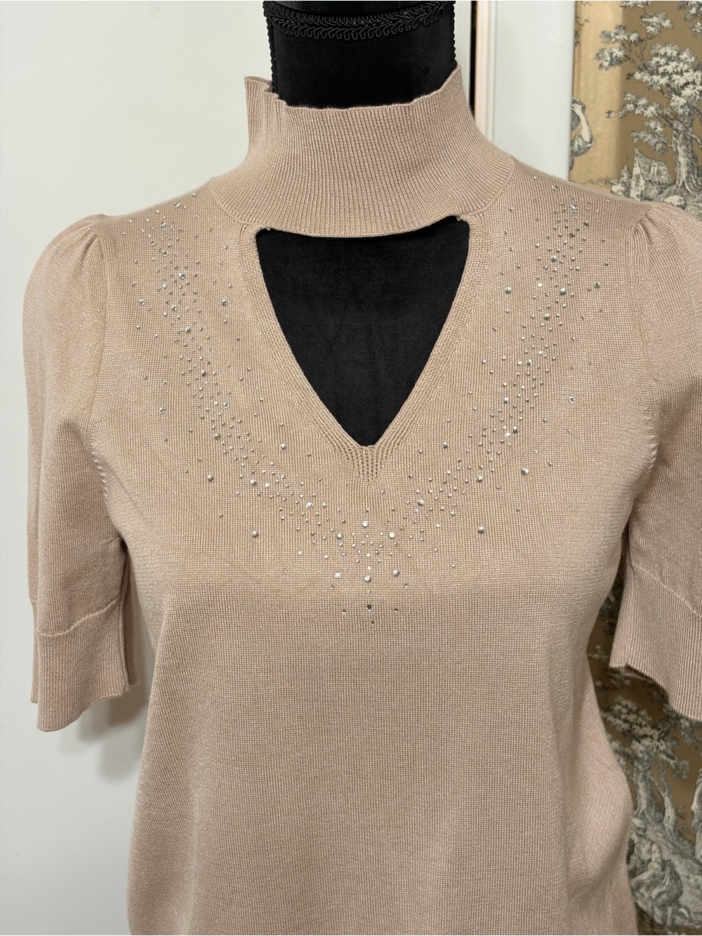 89th & Madison Beige Mock Neck Gathered Sleeve Lightweight Sweater with Diamomds